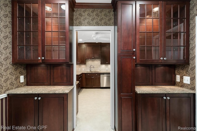 542 Cadieux Rd, Grosse Pointe, MI 48230 - bar area featuring wallpapered walls, dishwasher, tasteful backsplash, and ceiling fan