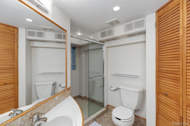 542 Cadieux Rd, Grosse Pointe, MI 48230 - bathroom featuring a closet, recessed lighting, a stall shower, tile patterned floors, and vanity