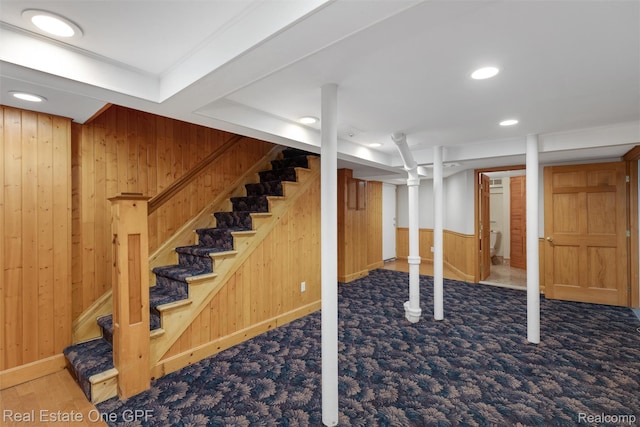 542 Cadieux Rd, Grosse Pointe, MI 48230 - finished basement featuring wooden walls, stairs, recessed lighting, and carpet flooring
