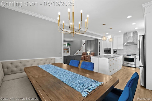 707 S Altadena Ave, Royal Oak, MI 48067 - dining room featuring light wood-style floors, a chandelier, crown molding, recessed lighting, and stairs