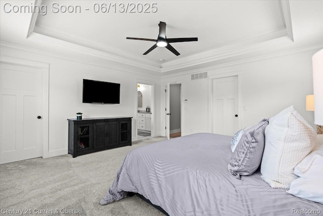 707 S Altadena Ave, Royal Oak, MI 48067 - carpeted bedroom with a raised ceiling, crown molding, connected bathroom, and a ceiling fan