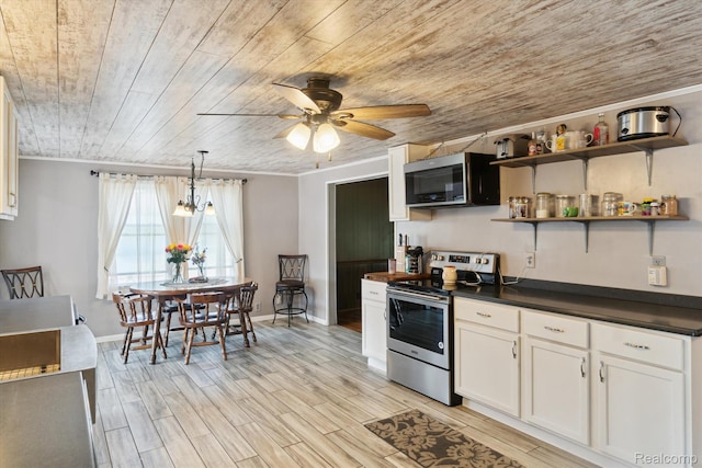 8031 Vassar Rd, Millington, MI 48746 - kitchen featuring appliances with stainless steel finishes, wooden ceiling, dark countertops, white cabinetry, and ceiling fan