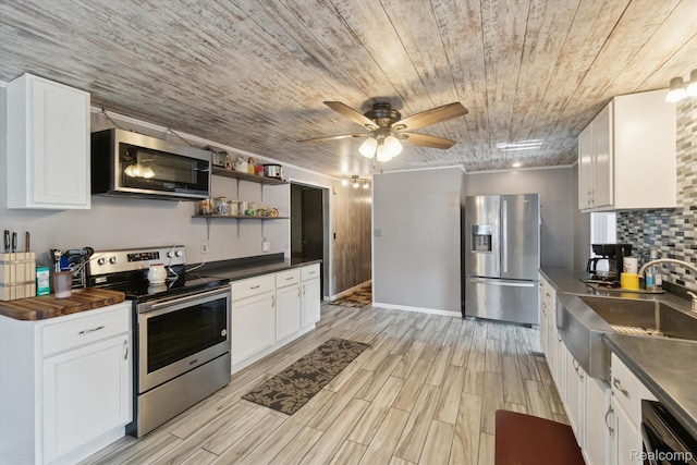8031 Vassar Rd, Millington, MI 48746 - kitchen with appliances with stainless steel finishes, a ceiling fan, wood ceiling, white cabinetry, and wooden counters