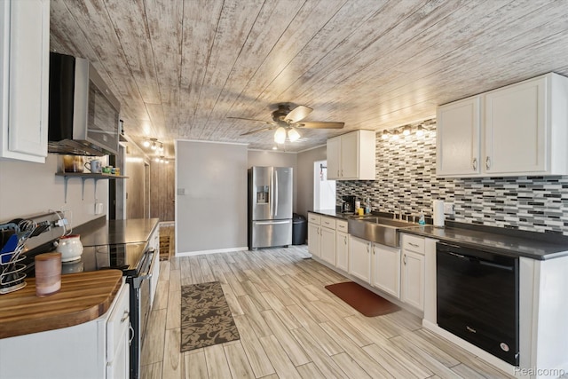 8031 Vassar Rd, Millington, MI 48746 - kitchen with appliances with stainless steel finishes, wooden ceiling, a ceiling fan, and white cabinets