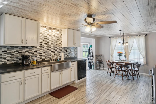 8031 Vassar Rd, Millington, MI 48746 - kitchen with dishwasher, wood ceiling, dark countertops, ceiling fan, and decorative backsplash