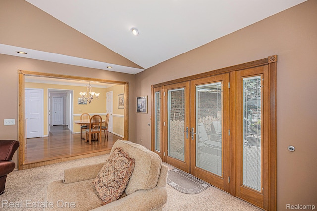 2842 Manorwood Dr, Troy, MI 48085 - entrance foyer with a chandelier, french doors, vaulted ceiling, and recessed lighting