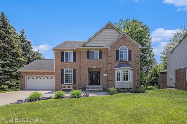2842 Manorwood Dr, Troy, MI 48085 - view of front of home with brick siding, an attached garage, concrete driveway, and a front yard
