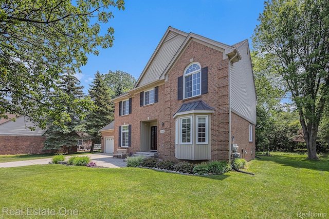 2842 Manorwood Dr, Troy, MI 48085 - view of front of home featuring brick siding, a front lawn, a garage, and concrete driveway