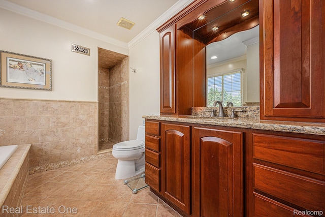 2842 Manorwood Dr, Troy, MI 48085 - bathroom featuring crown molding, vanity, tiled shower, tile patterned flooring, and tiled tub