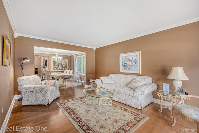2842 Manorwood Dr, Troy, MI 48085 - living area featuring ornamental molding, a chandelier, and wood finished floors