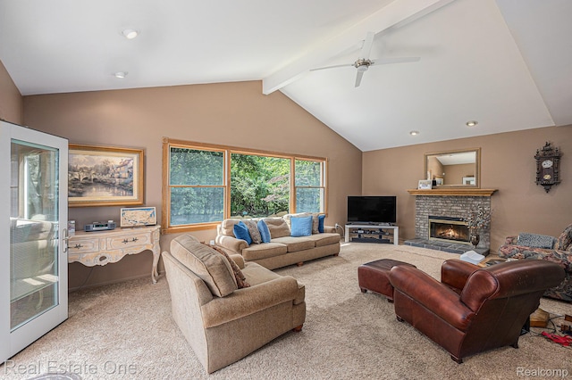 2842 Manorwood Dr, Troy, MI 48085 - living room featuring light colored carpet, ceiling fan, a fireplace, and recessed lighting