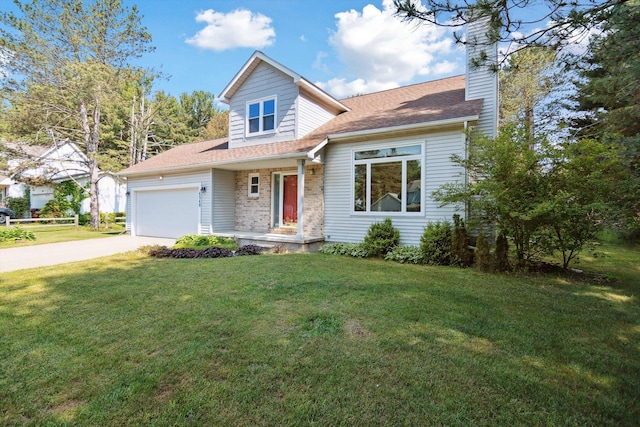 4540 Spinnaker Ln, Pleasant Lake, MI 49272 - traditional-style home with a chimney, an attached garage, driveway, a front lawn, and roof with shingles