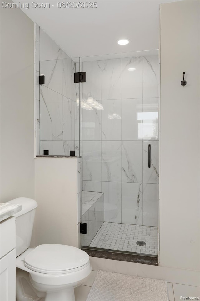 3923 Maple Ln, Auburn Hills, MI 48326 - bathroom with a marble finish shower, recessed lighting, vanity, and tile patterned floors