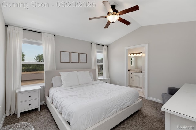 3923 Maple Ln, Auburn Hills, MI 48326 - bedroom with multiple windows, dark colored carpet, lofted ceiling, connected bathroom, and a ceiling fan