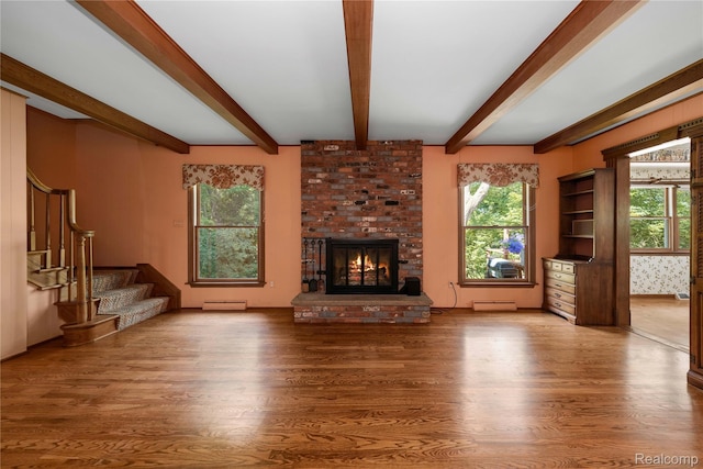 26165 Hidden Valley Dr, Farmington Hills, MI 48331 - unfurnished living room with wood finished floors, stairs, a fireplace, baseboard heating, and beam ceiling