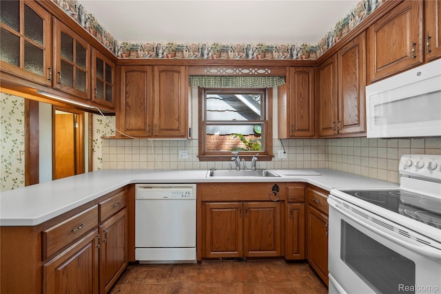 26165 Hidden Valley Dr, Farmington Hills, MI 48331 - kitchen featuring white appliances, brown cabinetry, and glass insert cabinets