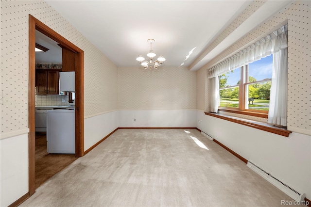 26165 Hidden Valley Dr, Farmington Hills, MI 48331 - spare room with a baseboard heating unit, a chandelier, wallpapered walls, and light colored carpet