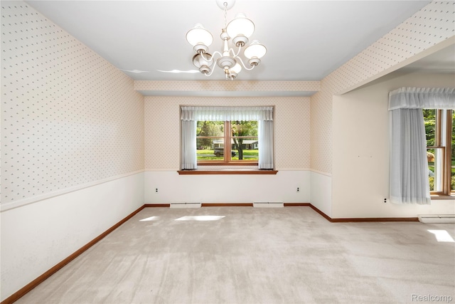 26165 Hidden Valley Dr, Farmington Hills, MI 48331 - carpeted empty room with a chandelier, a baseboard heating unit, and wallpapered walls