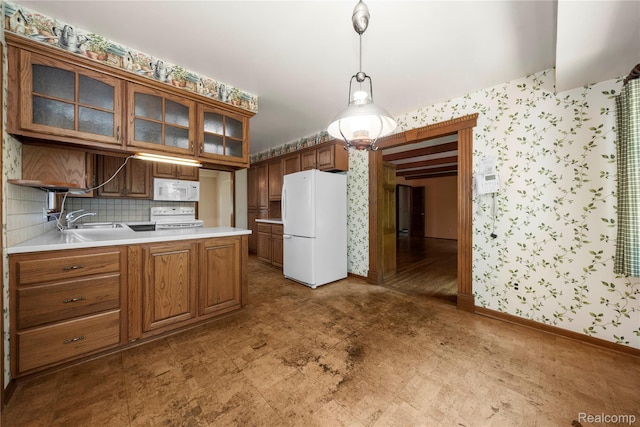 26165 Hidden Valley Dr, Farmington Hills, MI 48331 - kitchen featuring white appliances, wallpapered walls, tile patterned floors, glass insert cabinets, and light countertops