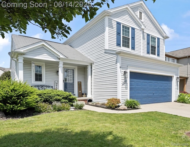 5031 Meadow Crest Cir, Holly, MI 48442 - view of front of house with a garage, a front lawn, concrete driveway, and a porch