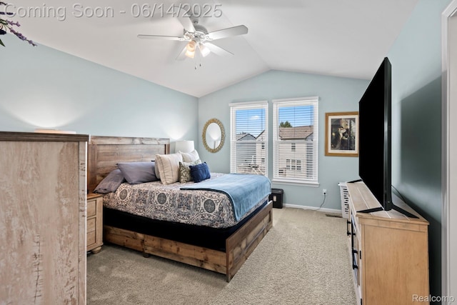 5031 Meadow Crest Cir, Holly, MI 48442 - bedroom with light carpet, lofted ceiling, and a ceiling fan