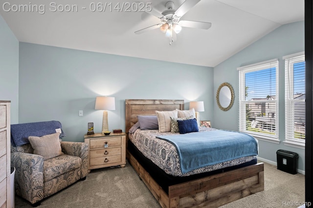 5031 Meadow Crest Cir, Holly, MI 48442 - carpeted bedroom featuring lofted ceiling and a ceiling fan