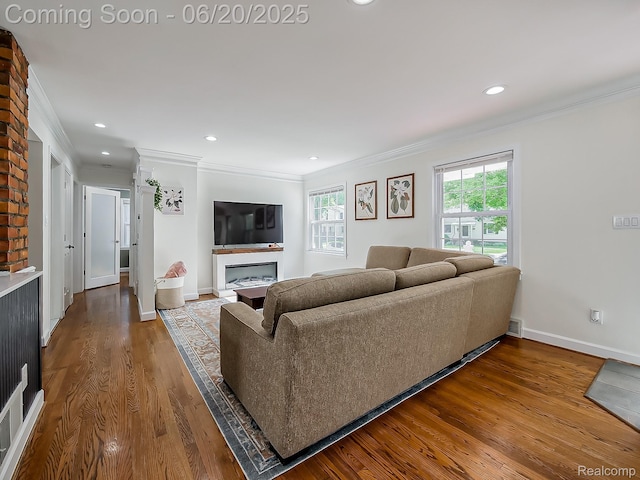 1036 Ferris Ave, Berkley, MI 48067 - living area with crown molding, wood finished floors, recessed lighting, and a fireplace