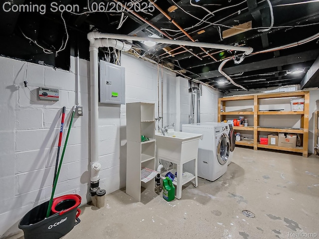 1036 Ferris Ave, Berkley, MI 48067 - unfinished basement featuring separate washer and dryer, electric panel, and concrete block wall