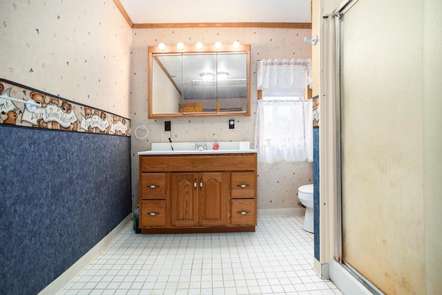 520 Groat Rd, Dowling, MI 49050 - bathroom with vanity, a stall shower, tile patterned flooring, and wallpapered walls