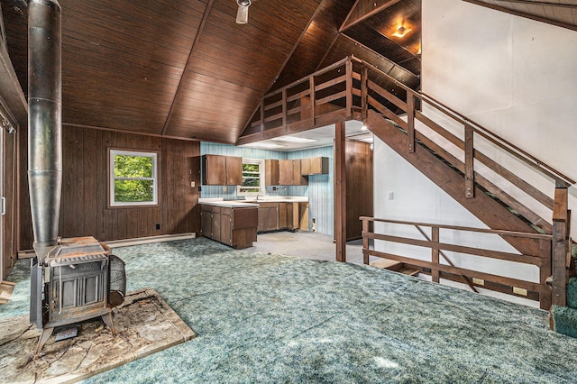300 Basswood Ter, Brooklyn, MI 49230 - kitchen with a wood stove, light countertops, plenty of natural light, wooden ceiling, and wood walls