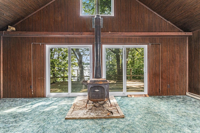 300 Basswood Ter, Brooklyn, MI 49230 - detailed view of a wood stove, wooden walls, carpet floors, and wood ceiling