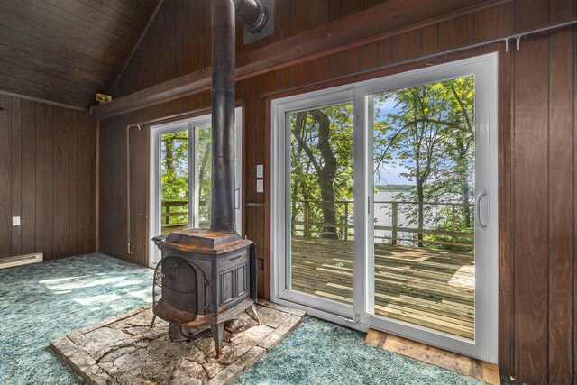 300 Basswood Ter, Brooklyn, MI 49230 - doorway with a wood stove, wooden walls, carpet, vaulted ceiling, and a baseboard heating unit