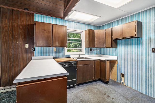 300 Basswood Ter, Brooklyn, MI 49230 - kitchen featuring wallpapered walls, black dishwasher, light colored carpet, light countertops, and a peninsula