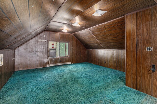 300 Basswood Ter, Brooklyn, MI 49230 - bonus room with wooden walls, wood ceiling, vaulted ceiling, carpet flooring, and a baseboard heating unit