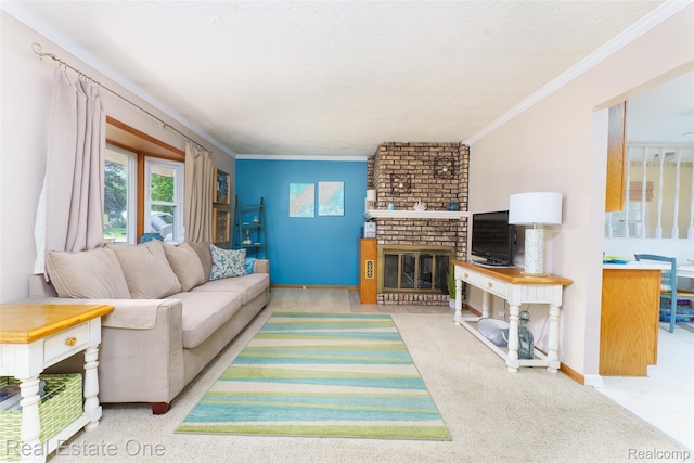 5320 Leland St, Brighton, MI 48116 - carpeted living area with a fireplace and crown molding