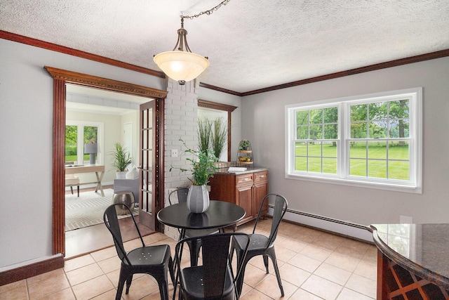 6170 Gregory Rd, Dexter, MI 48130 - dining space featuring a baseboard heating unit, plenty of natural light, light tile patterned floors, crown molding, and a textured ceiling