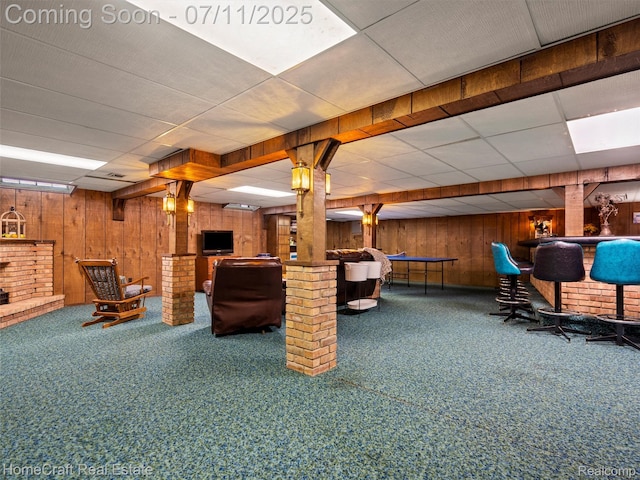 7363 Provincial Rd, Canton, MI 48187 - interior space featuring wood walls, a bar, carpet, and a drop ceiling