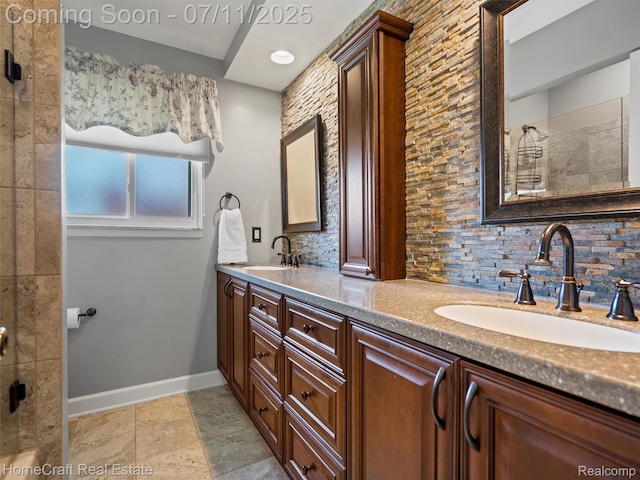 7363 Provincial Rd, Canton, MI 48187 - bathroom featuring double vanity, tasteful backsplash, and tiled shower
