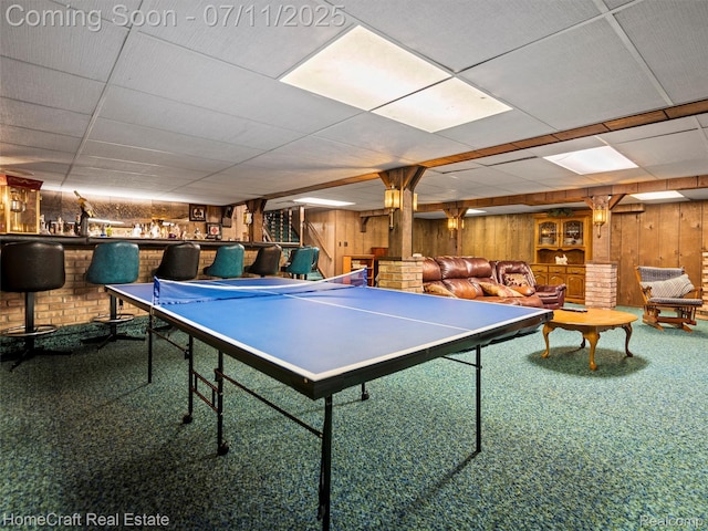 7363 Provincial Rd, Canton, MI 48187 - rec room with carpet, wooden walls, a drop ceiling, and a community bar