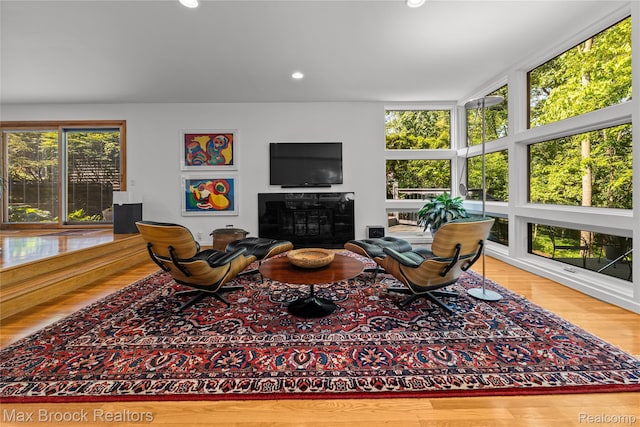 680 Willits St, Birmingham, MI 48009 - living room with wood finished floors, a glass covered fireplace, and recessed lighting