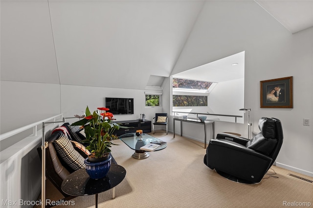 680 Willits St, Birmingham, MI 48009 - carpeted living room with a skylight and lofted ceiling