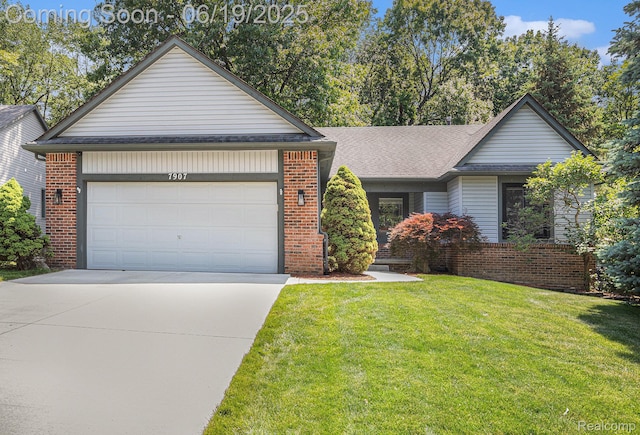 7907 Hoffman Dr, Waterford, MI 48327 - single story home with brick siding, concrete driveway, a front yard, an attached garage, and a shingled roof