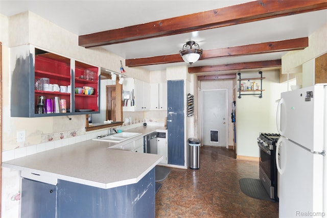 927 Piper Dr, Saginaw, MI 48604 - kitchen featuring freestanding refrigerator, gas range, a peninsula, beam ceiling, and light countertops