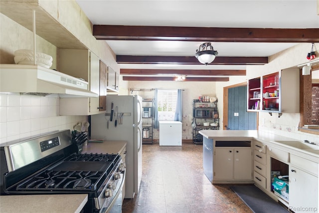 927 Piper Dr, Saginaw, MI 48604 - kitchen featuring appliances with stainless steel finishes, under cabinet range hood, decorative backsplash, light countertops, and beamed ceiling