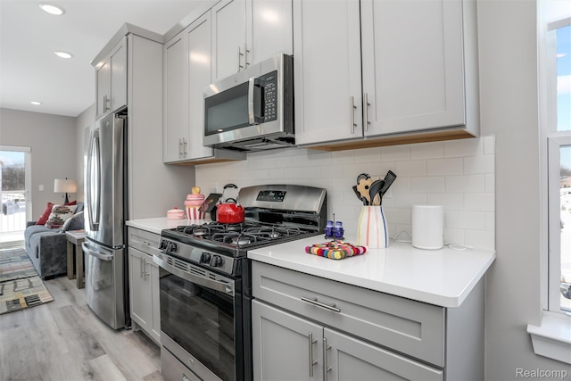 4837 Lismore Ln, Troy, MI 48085 - kitchen with appliances with stainless steel finishes, gray cabinets, light wood-style floors, tasteful backsplash, and light countertops