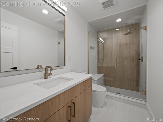 4331 Spruce Hill Ln, Birmingham, MI 48301 - bathroom featuring vanity, recessed lighting, a stall shower, and marble look tiles