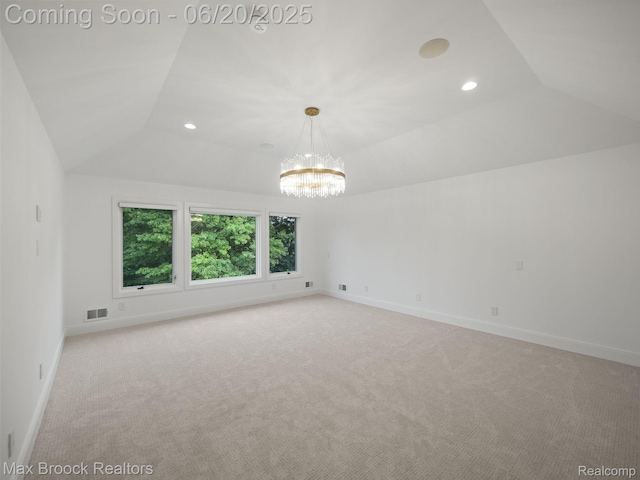4331 Spruce Hill Ln, Birmingham, MI 48301 - empty room with light colored carpet, recessed lighting, a chandelier, and vaulted ceiling