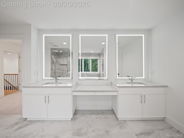 4331 Spruce Hill Ln, Birmingham, MI 48301 - bathroom with two vanities, a stall shower, and marble look tile flooring