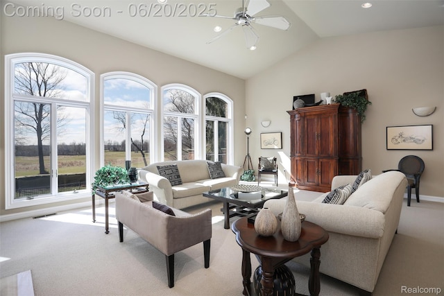 5007 Rockaway Ln, Clarkston, MI 48348 - carpeted living area featuring ceiling fan, plenty of natural light, high vaulted ceiling, and recessed lighting