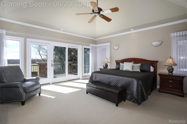 5007 Rockaway Ln, Clarkston, MI 48348 - carpeted bedroom with access to outside, ceiling fan, crown molding, and high vaulted ceiling